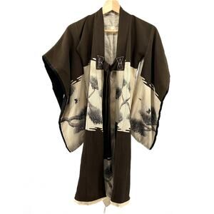 Vintage Child’s Japanese Kimono Brown Cream Silk Crane Motif